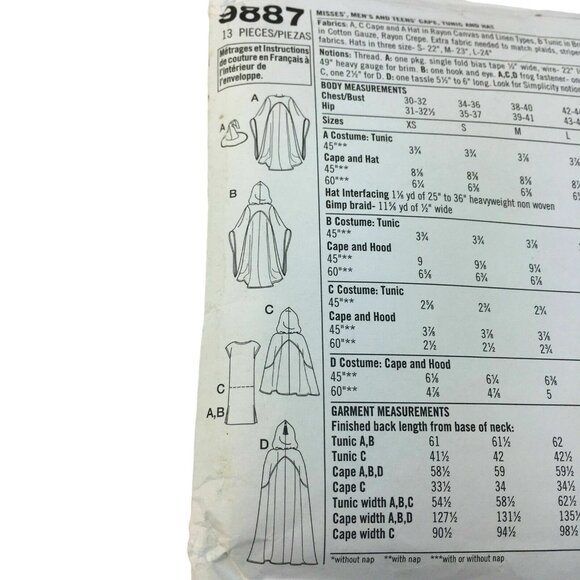 Simplicity Costume Pattern Tunic Cape Hat 9887 Size XS to XL Misses Mens u - Picture 3 of 5